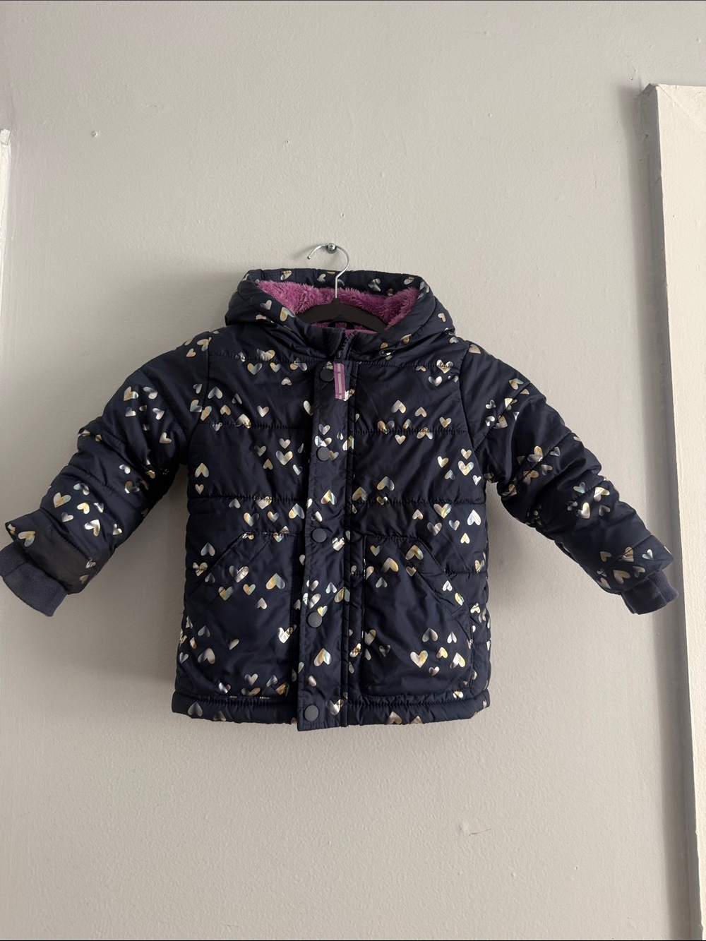 Cat & Jack Navy Puffer Jacket with Metallic Heart Print and Pink Lining